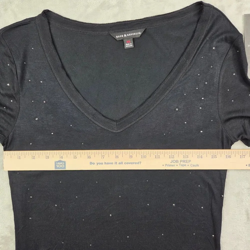 Rock & Republic V-neck Top Lot of Two XS Studded Burnout Grunge Gothic Black NWT